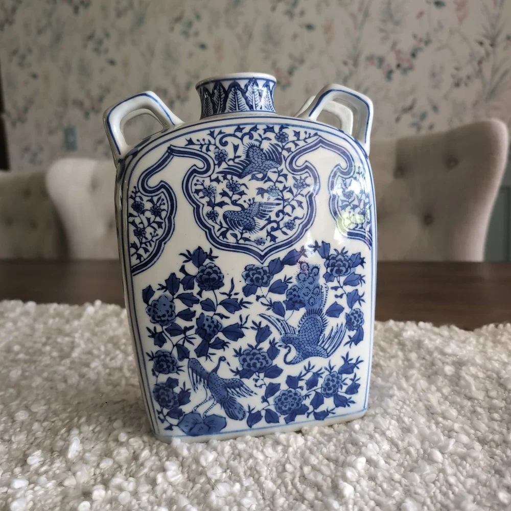 Vtg Chinese Moon Flask Vase Blue White 4 Handle Phoenix Peony Floral Chinoiserie